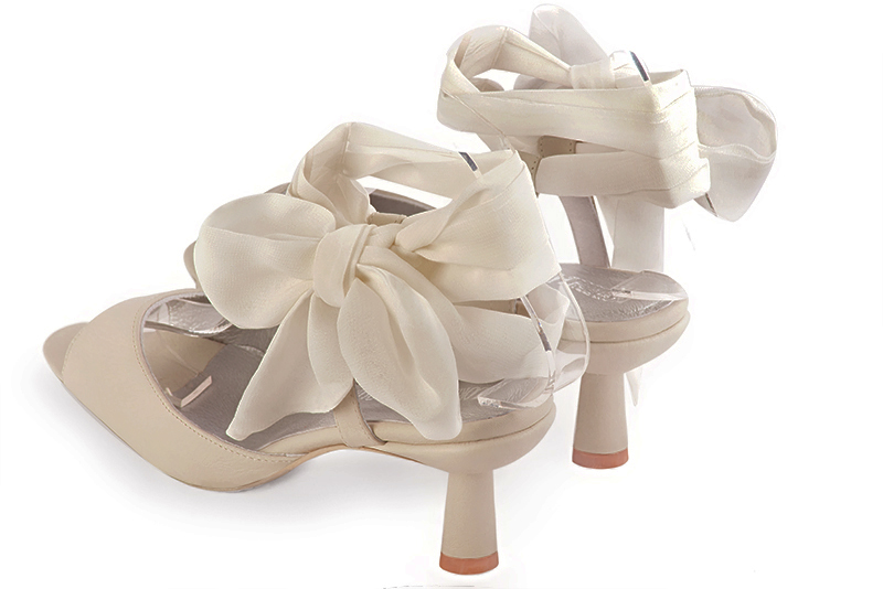 Champagne white women's open back sandals, with a scarf around the ankle. Square toe. Medium spool heels. Rear view - Florence KOOIJMAN